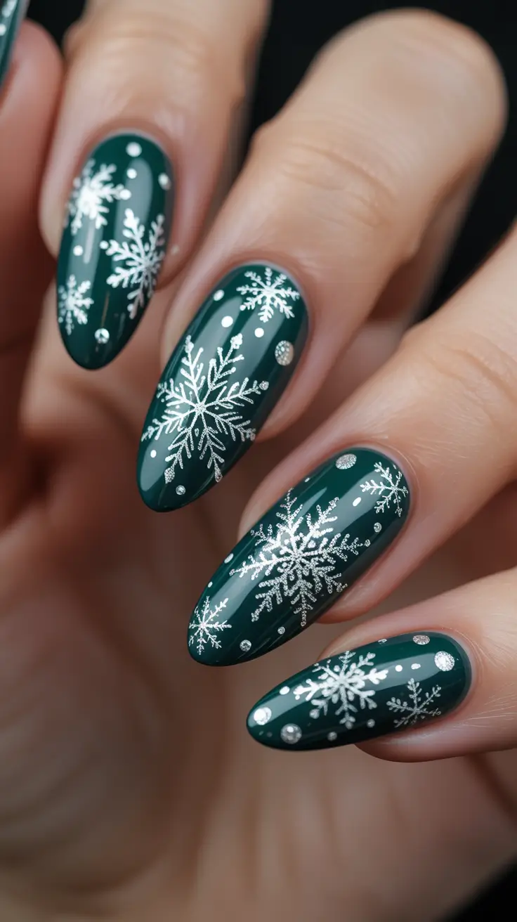 Stylish Green Nails Winter 2025-2026 - Silver Snowflakes on Deep Pine Almond