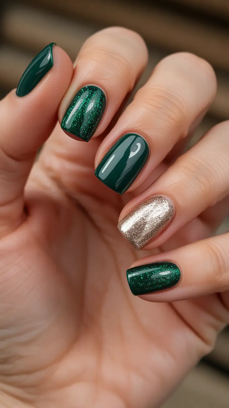 Stylish Green Nails Winter 2025-2026 - Short Evergreen Mix With Champagne Accent