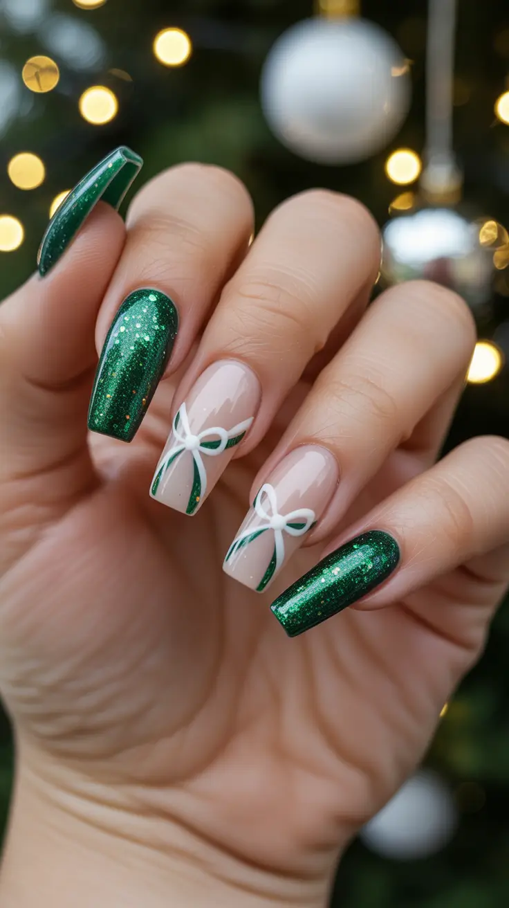 Stylish Green Nails Winter 2025-2026 - Velvet Gift-Bow Coffin With Nude Windows