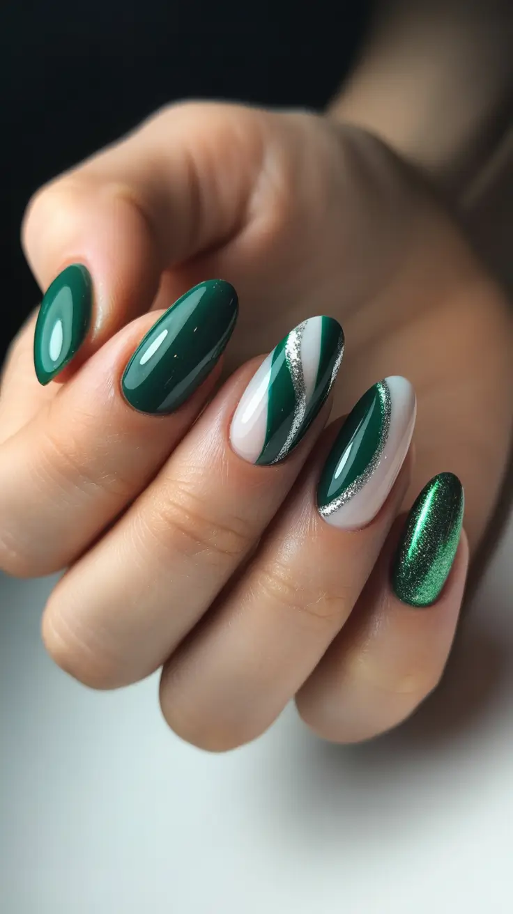 Stylish Green Nails Winter 2025-2026 - Almond Swirls With Silver Glam Line