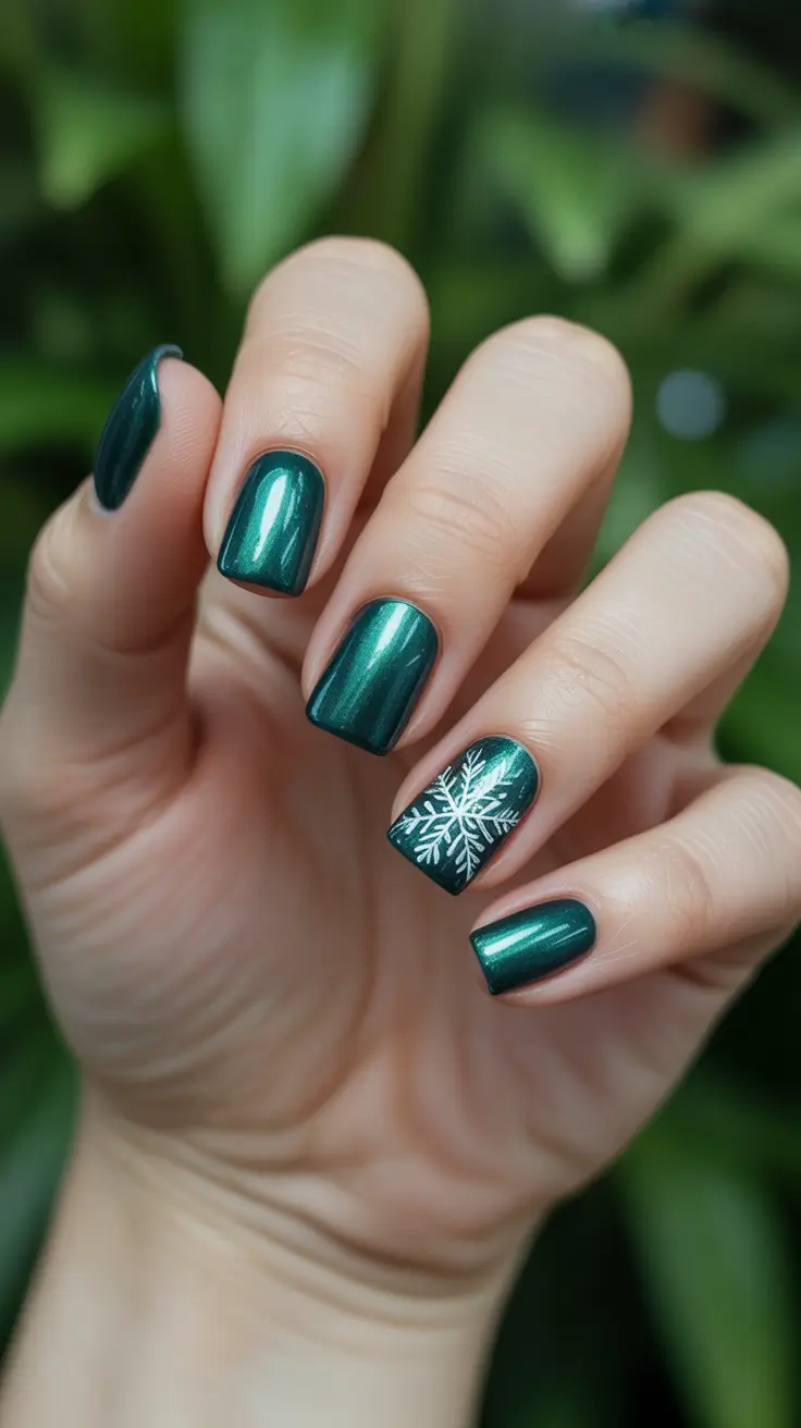 Stylish Green Nails Winter 2025-2026 - Short Chrome Evergreen With Single Snowflake
