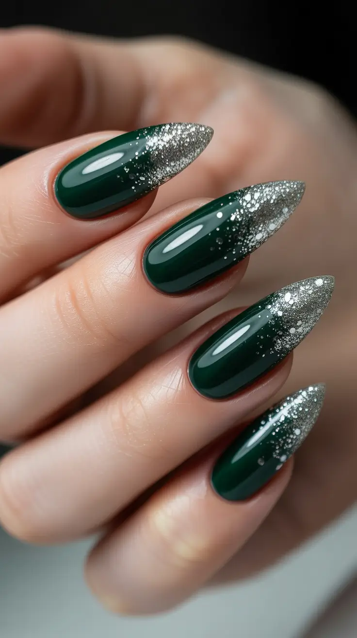 Stylish Green Nails Winter 2025-2026 - Silver-Dusted Evergreen French
