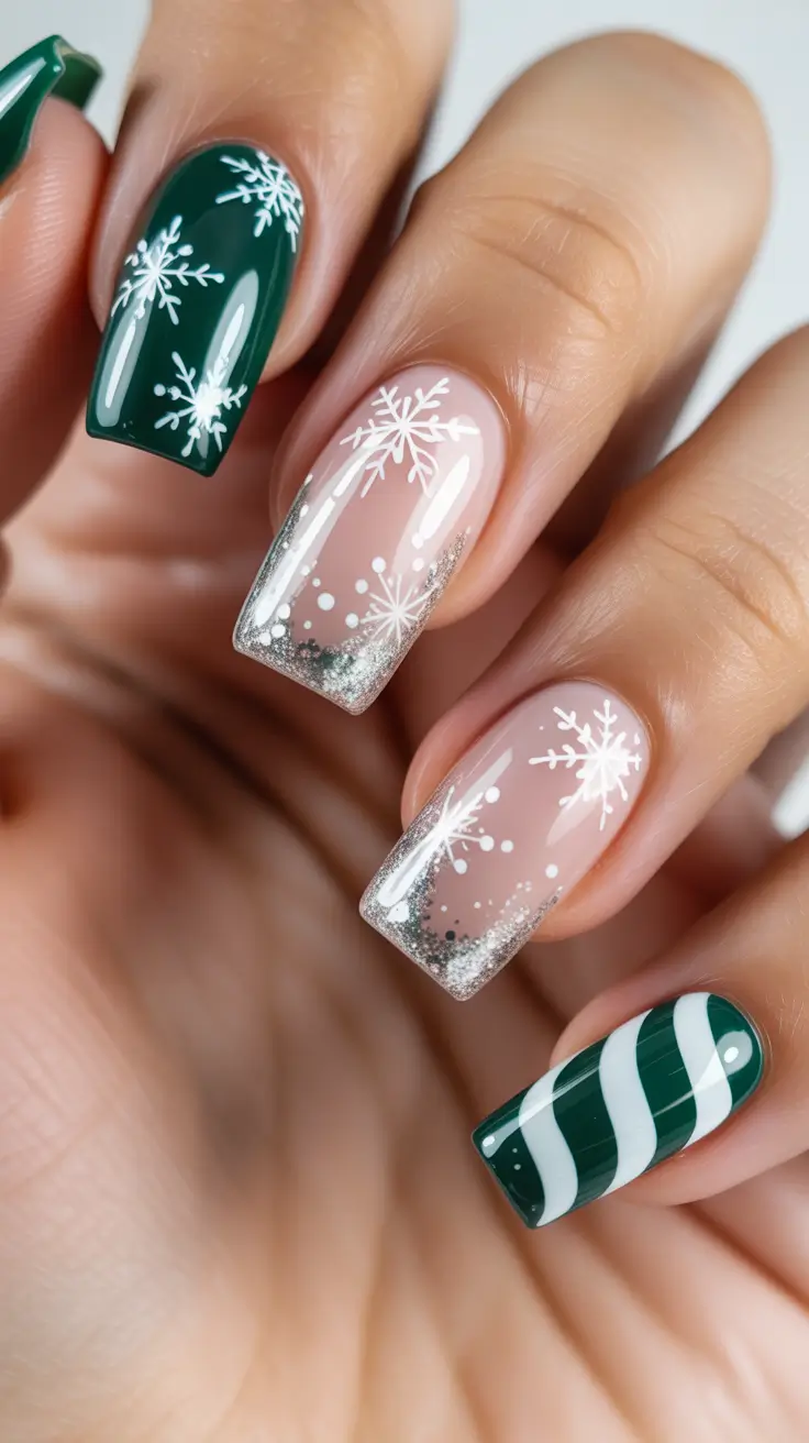 Stylish Green Nails Winter 2025-2026 - Snowflakes, Sheers, And Candy-Stripe Square
