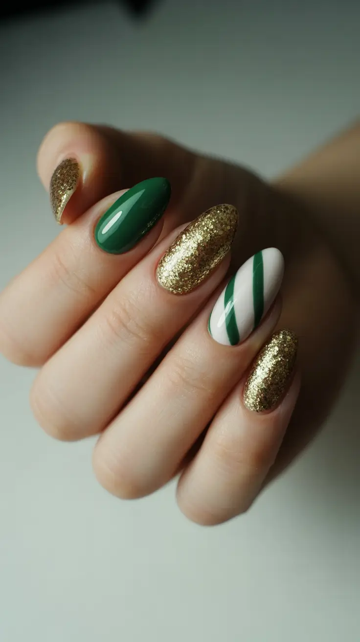 Stylish Green Nails Winter 2025-2026 - Gilded Party Almond With Stripe Accent