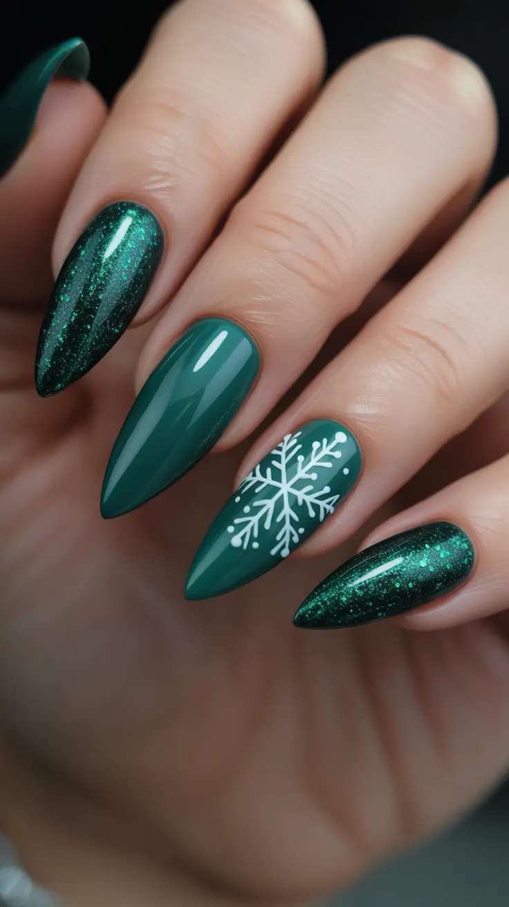Stylish Green Nails Winter 2025-2026 - Teal-Emerald Mix With Single Snowflake