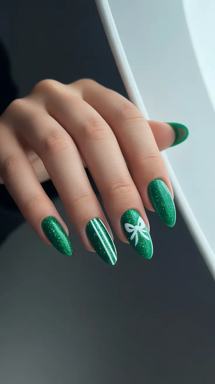 Stylish Green Nails Winter 2025-2026 - Gift-Wrap Green With Clean Linework