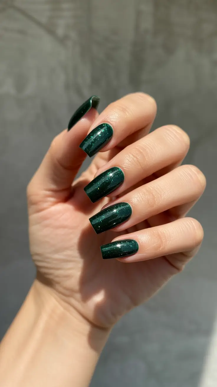 Stylish Green Nails Winter 2025-2026 - Glassy Emerald Squares With Subtle Sparkle