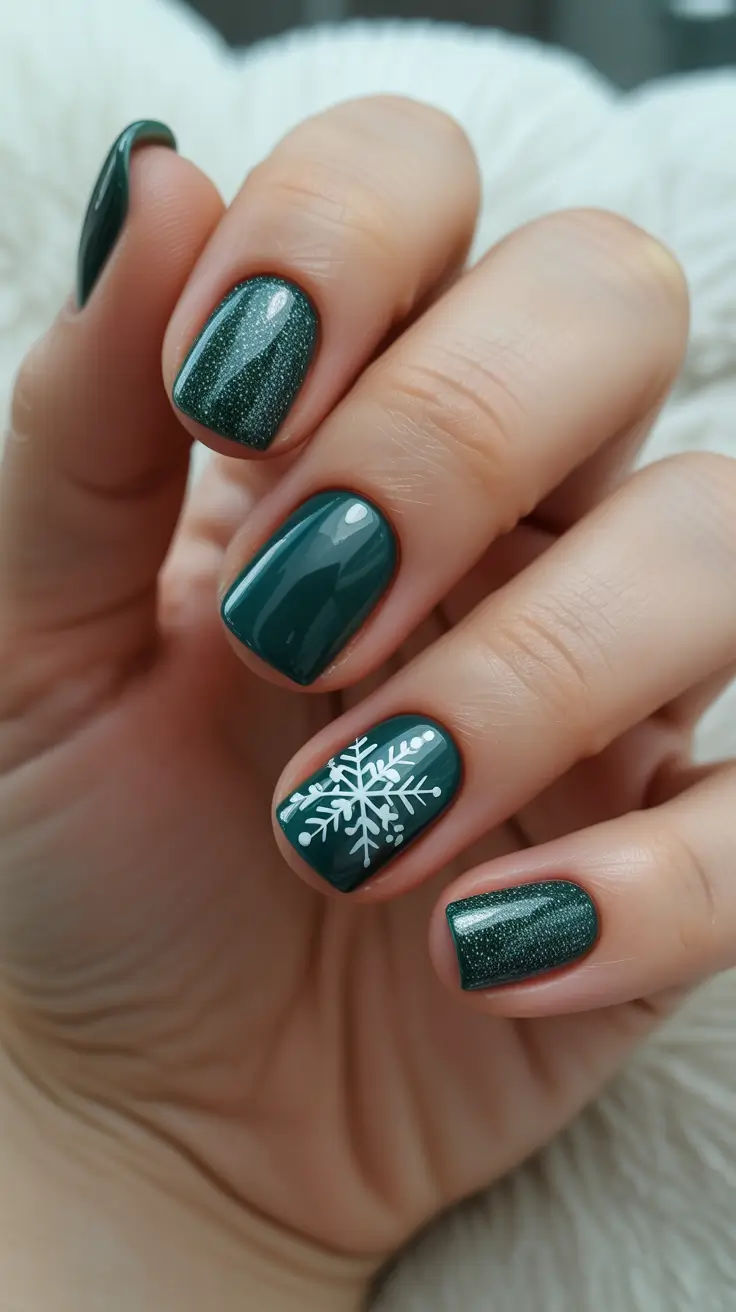 Stylish Green Nails Winter 2025-2026 - Short Evergreen With Micro-Snowflake Accent