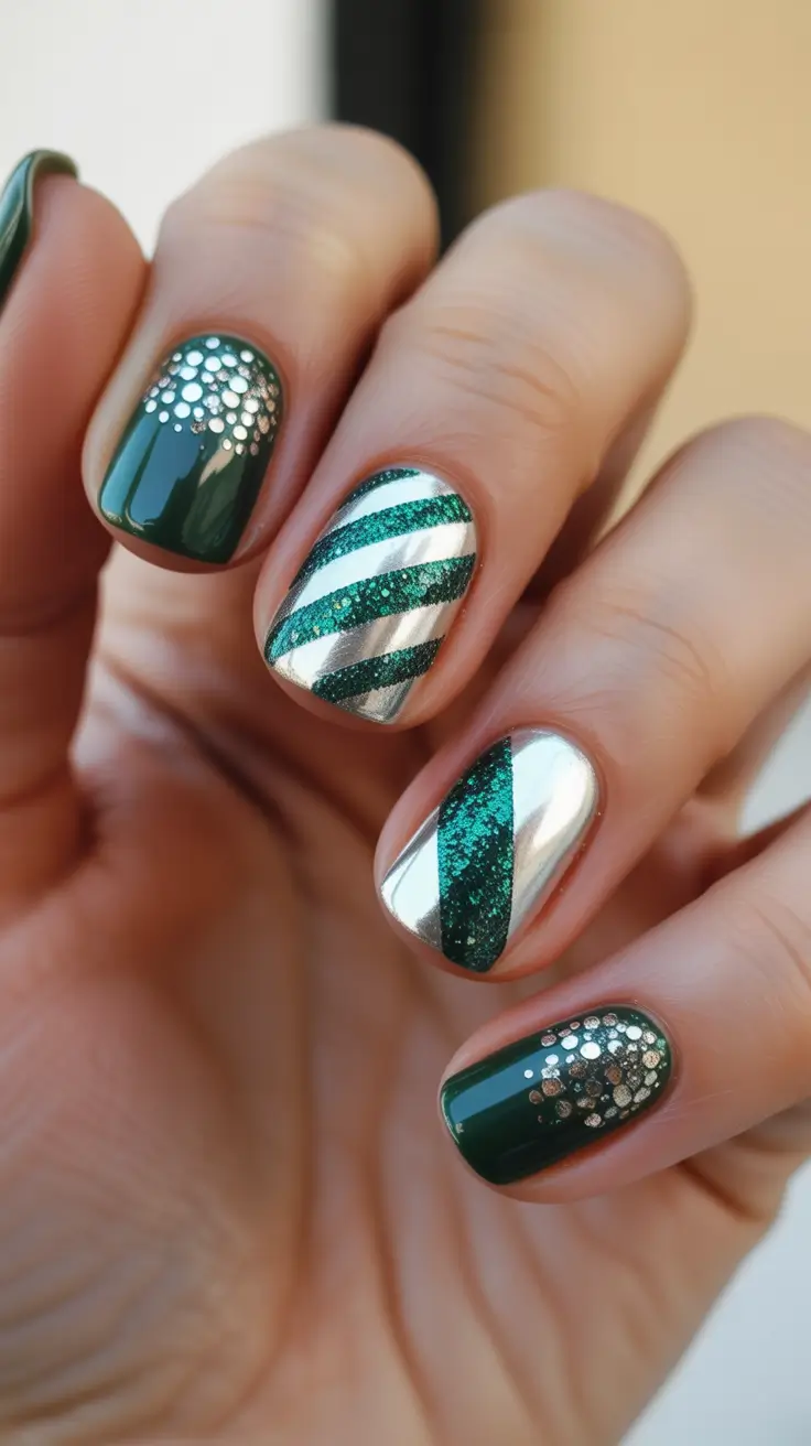 Stylish Green Nails Winter 2025-2026 - Short Chrome Stripes With Emerald Glitter