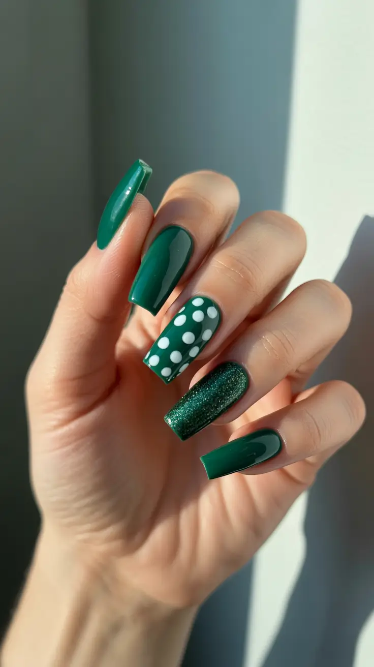 Stylish Green Nails Winter 2025-2026 - Playful Dots On Forest Square