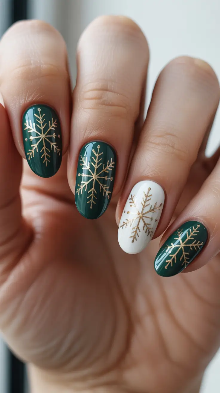 Stylish Green Nails Winter 2025-2026 - Golden Snowflakes On Evergreen