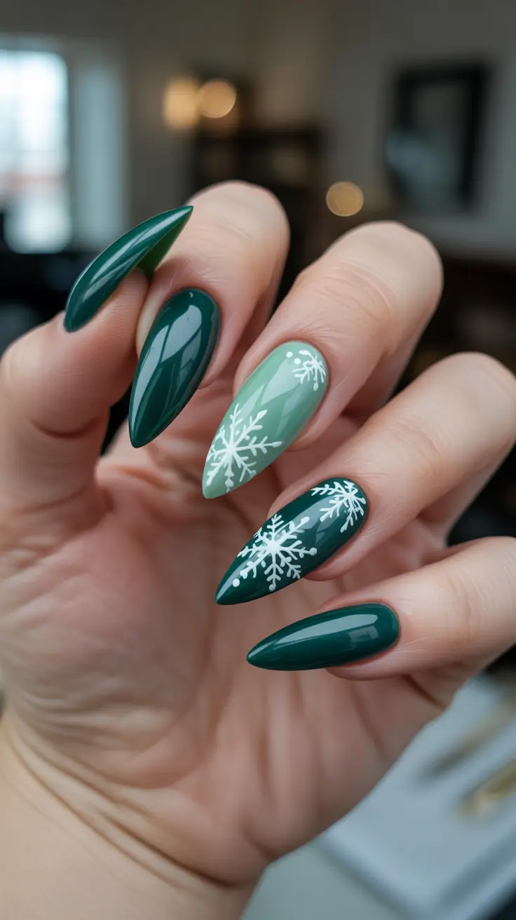 Stylish Green Nails Winter 2025-2026 - Evergreen Almond With Delicate Snowflakes
