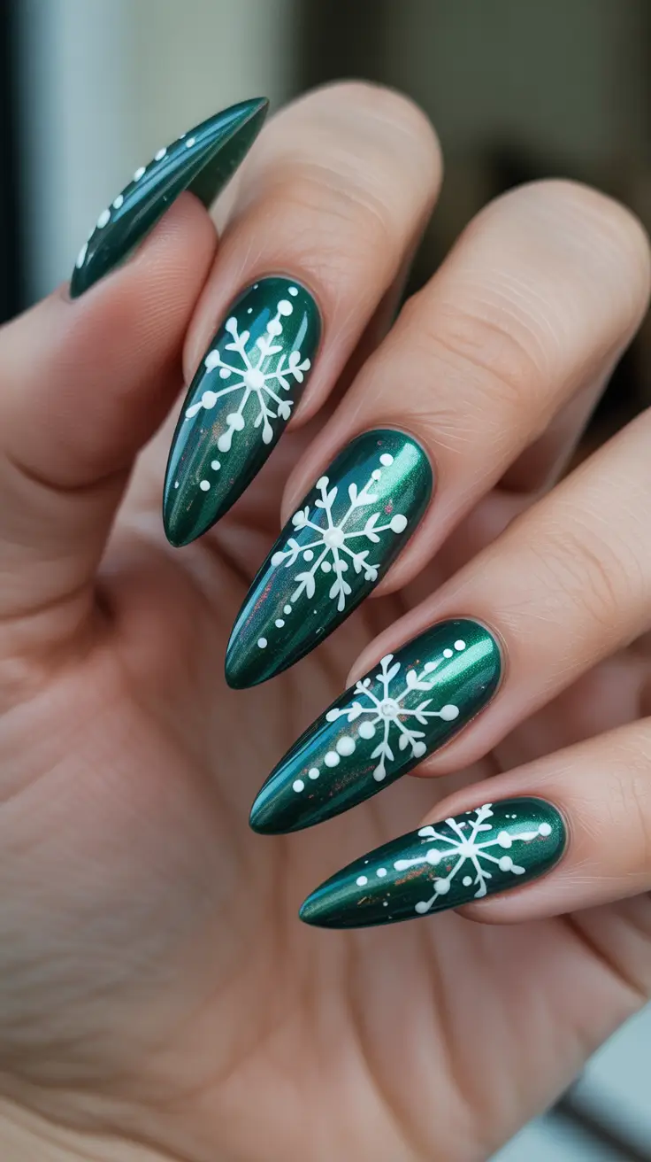 Stylish Green Nails Winter 2025-2026 - Shimmering Emerald Snowfall Lines