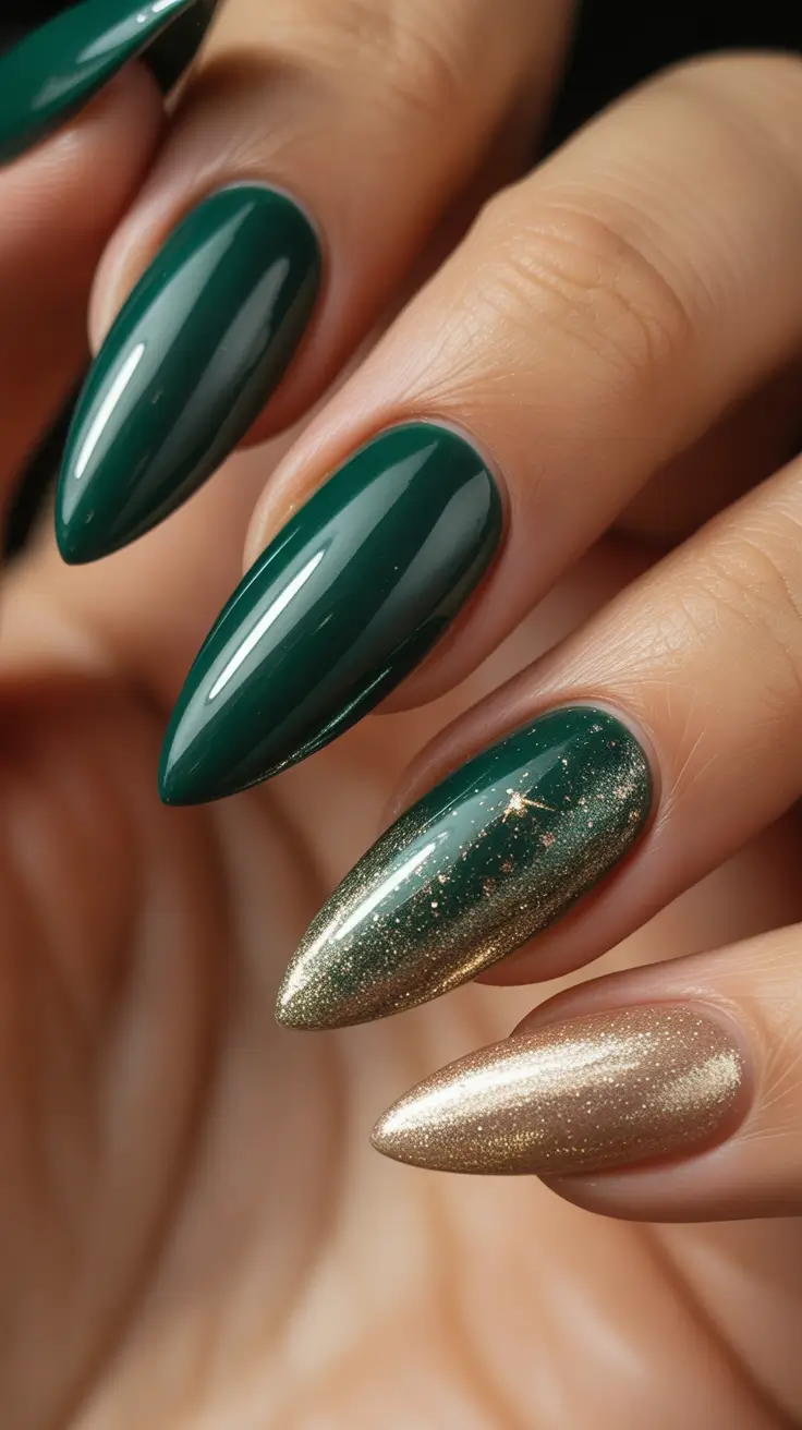 Stylish Green Nails Winter 2025-2026 - Emerald Gloss With Gold Chrome Accents
