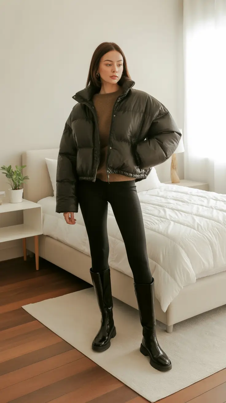 legging outfits ideas for women 2026 - Chocolate Knit and High-Gloss Puff