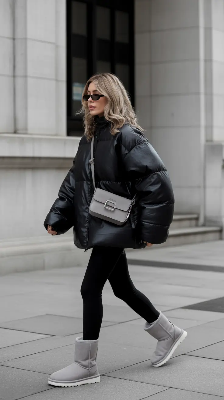 legging outfits ideas for women 2026 - Monochrome Puff with Silver-Grey Accents