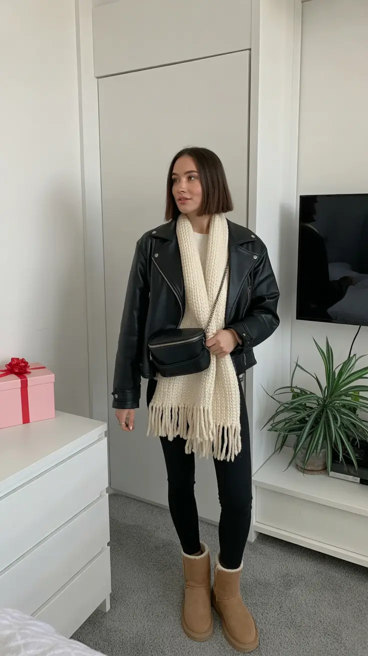 legging outfits ideas for women 2026 - Biker Jacket with Marshmallow Scarf