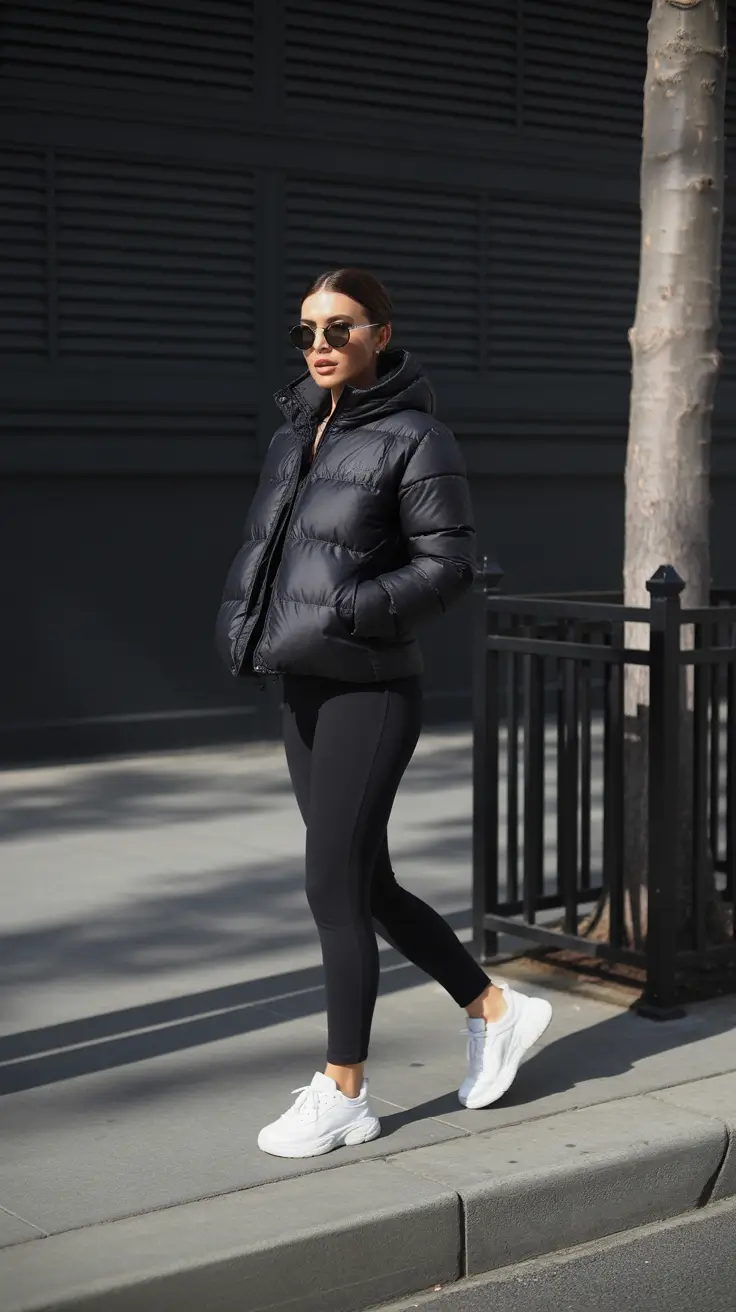 legging outfits ideas for women 2026 - Sport-Classic Puffer and Bright Trainers