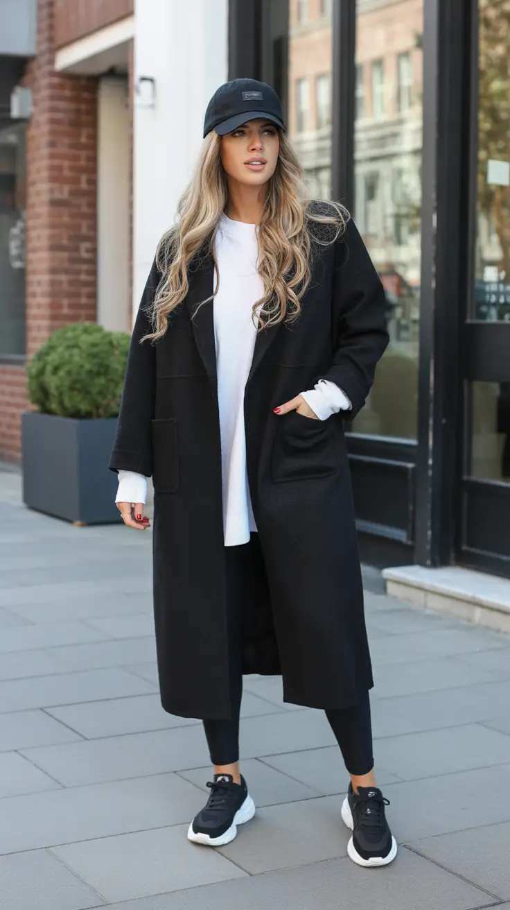 legging outfits ideas for women 2026 - City Sleek - Long Coat, Laid-Back Base
