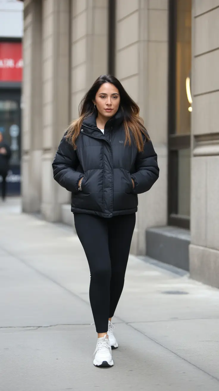 legging outfits ideas for women 2026 - The Puffer Column - Monochrome That Moves