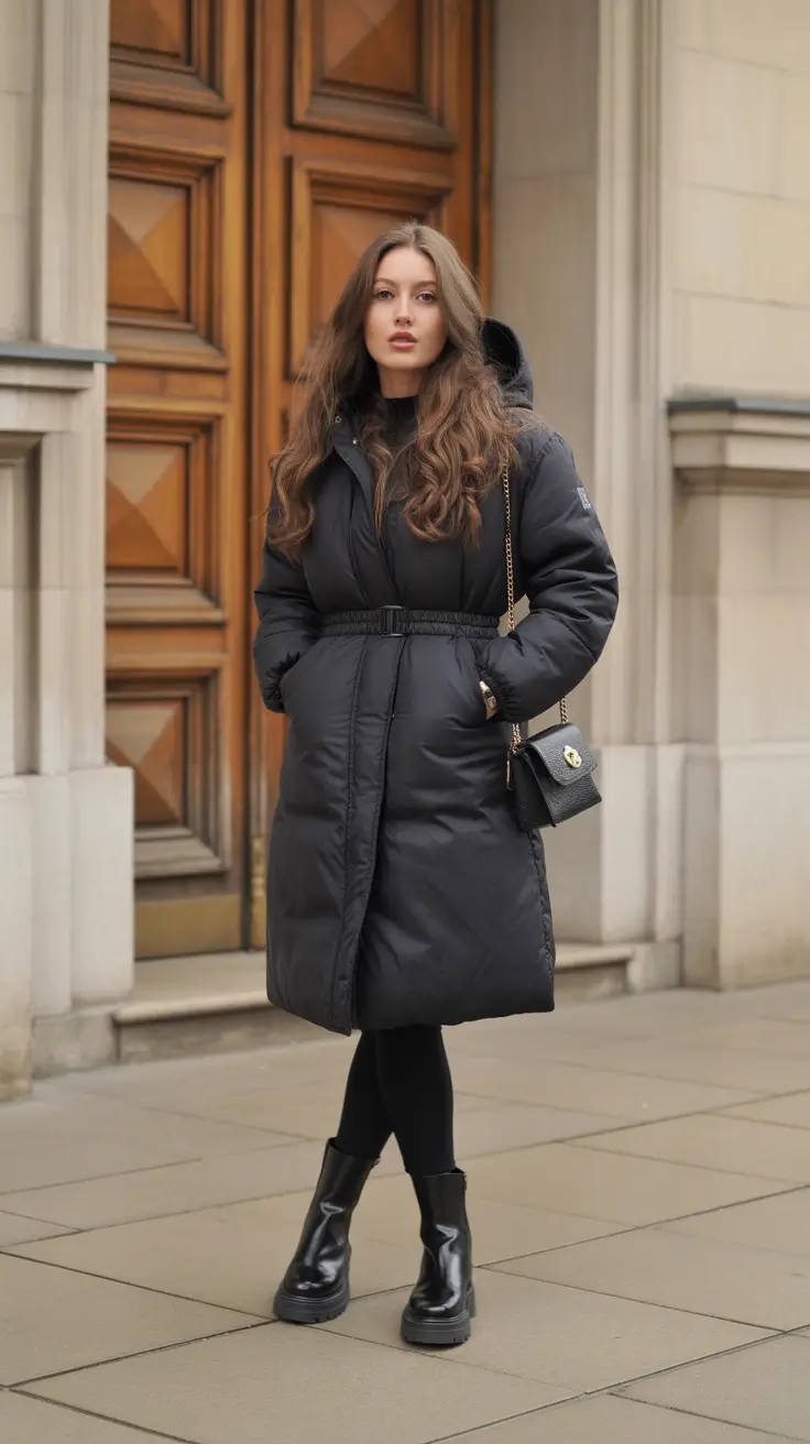 legging outfits ideas for women 2026 - Belted Maxi Puffer - Commuter Chic
