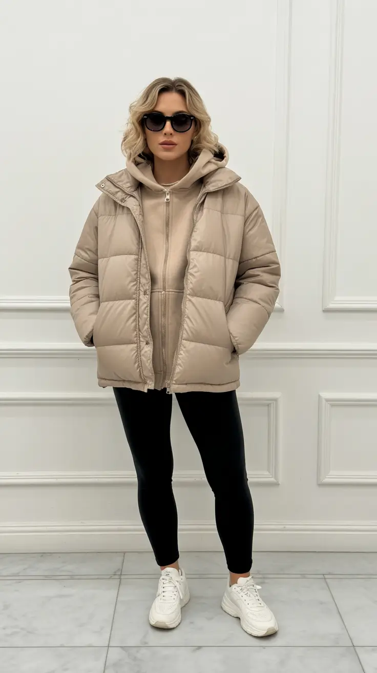 legging outfits ideas for women 2026 - Puffer Comfort, Weekend Pace