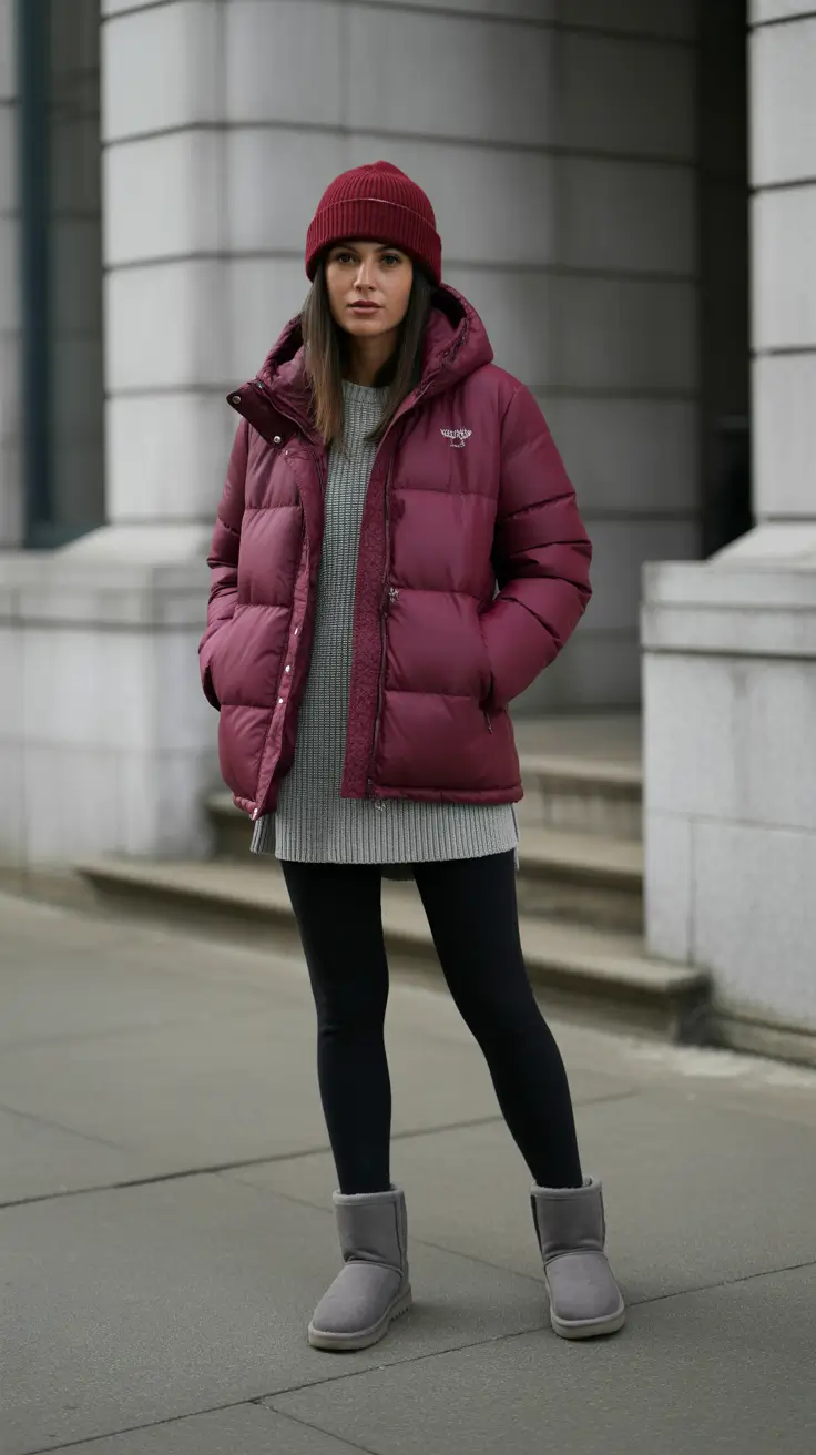 legging outfits ideas for women 2026 - Mulled-Berry Puffer - Cozy Color With Neutrals