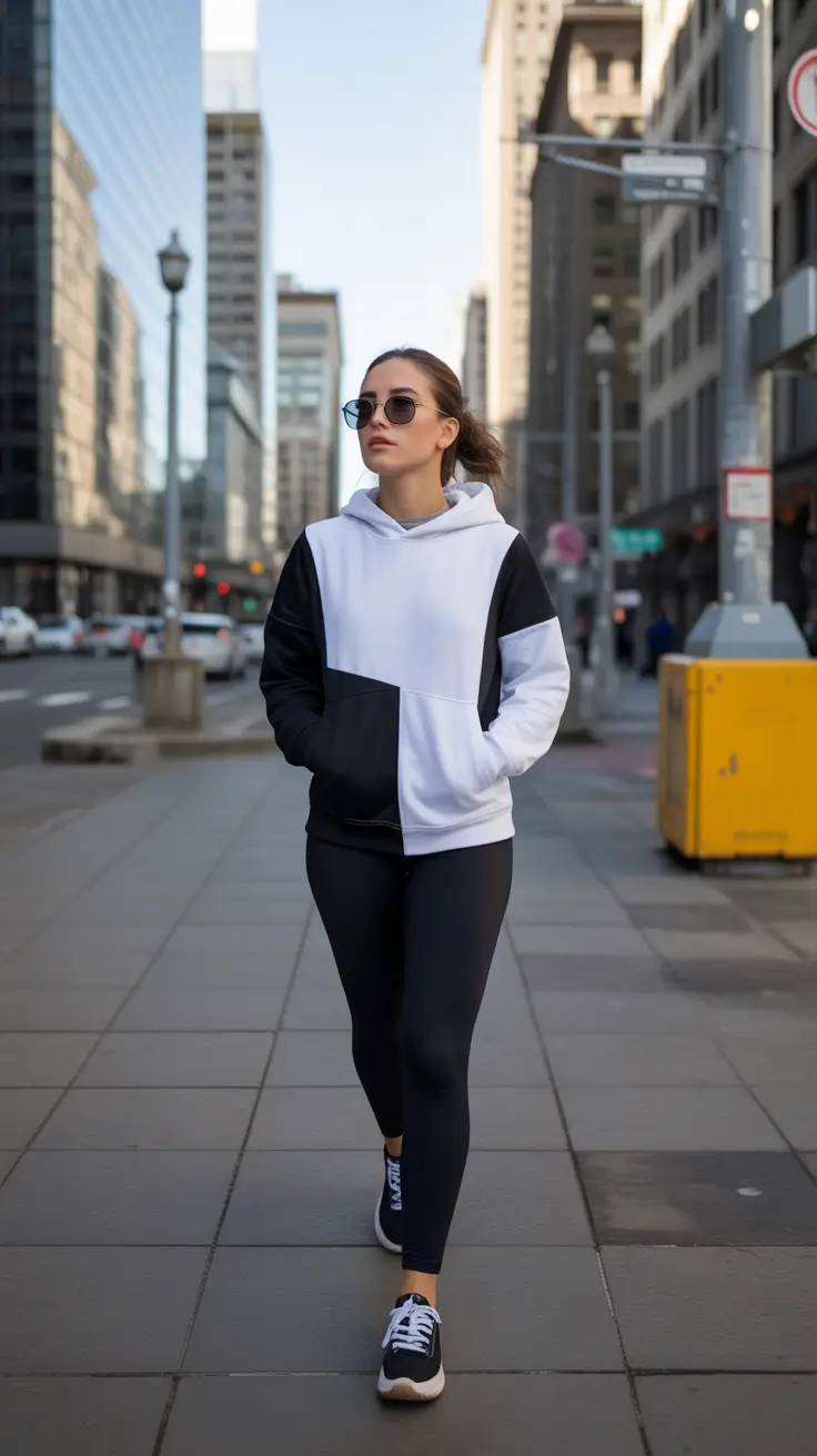 legging outfits ideas for women 2026 - Graphic Block Hoodie - High-Contrast Minimal
