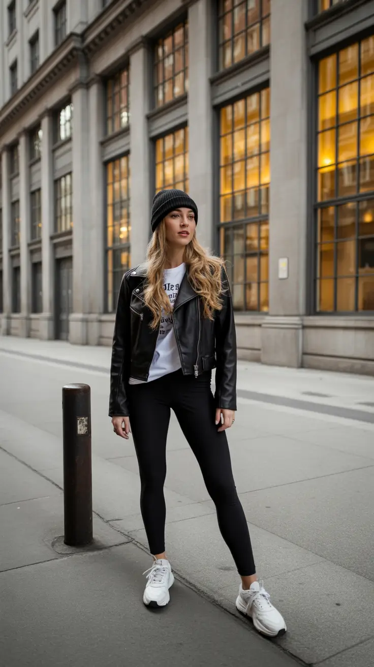 legging outfits ideas for women 2026 - Moto Moment - Leather Jacket, Beanie, and Sneakers