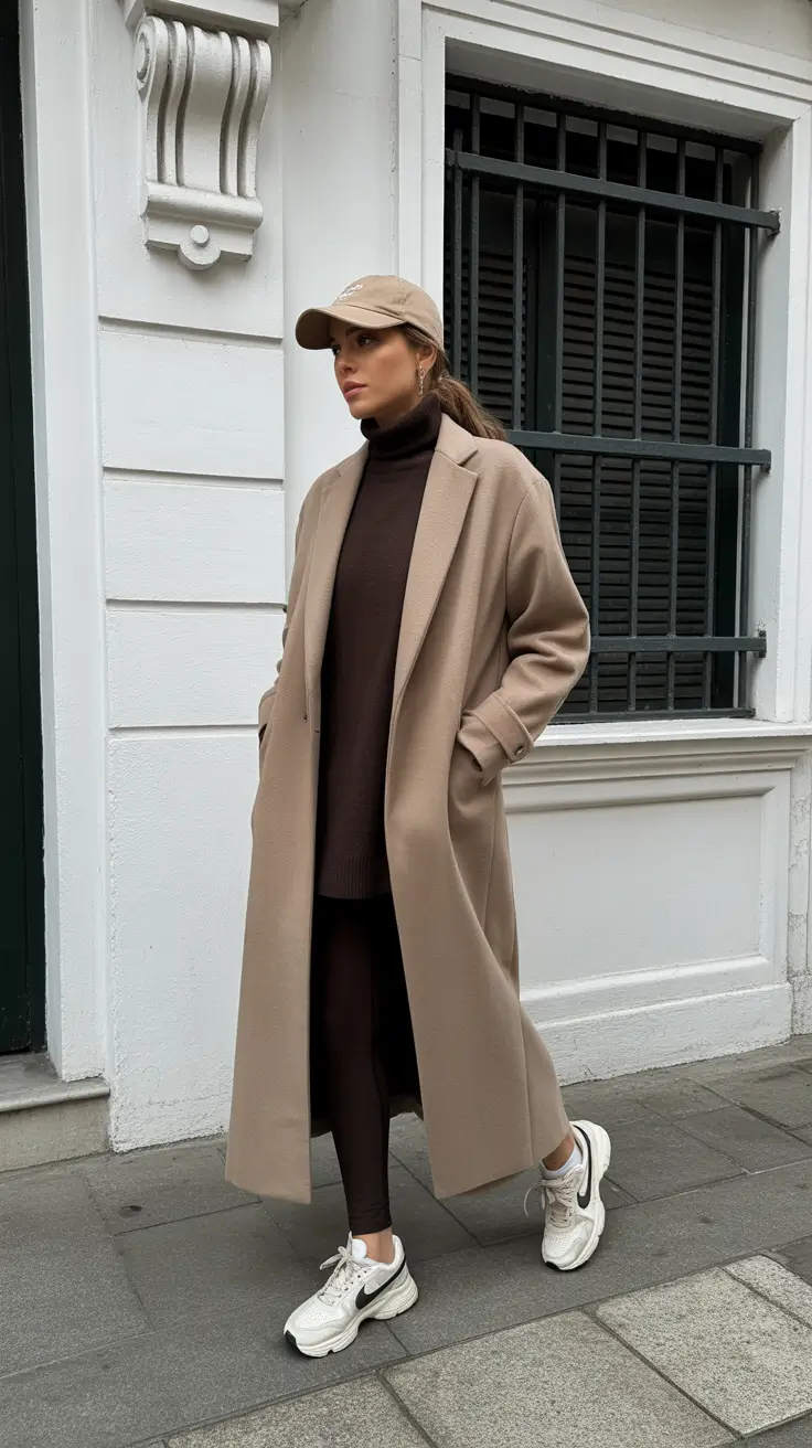 legging outfits ideas for women 2026 - Cafe Tonals - Camel Coat Over Cocoa Set