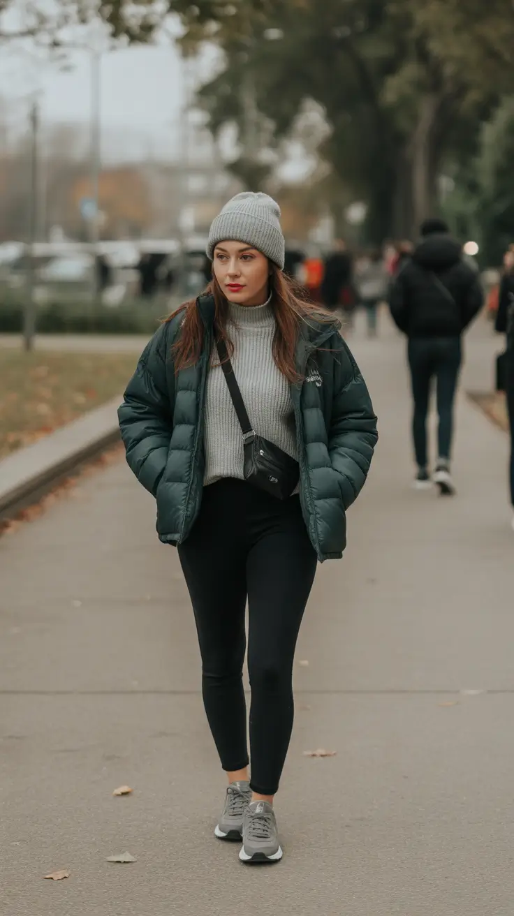 legging outfits ideas for women 2026 - Sporty Layers With Forest Tones