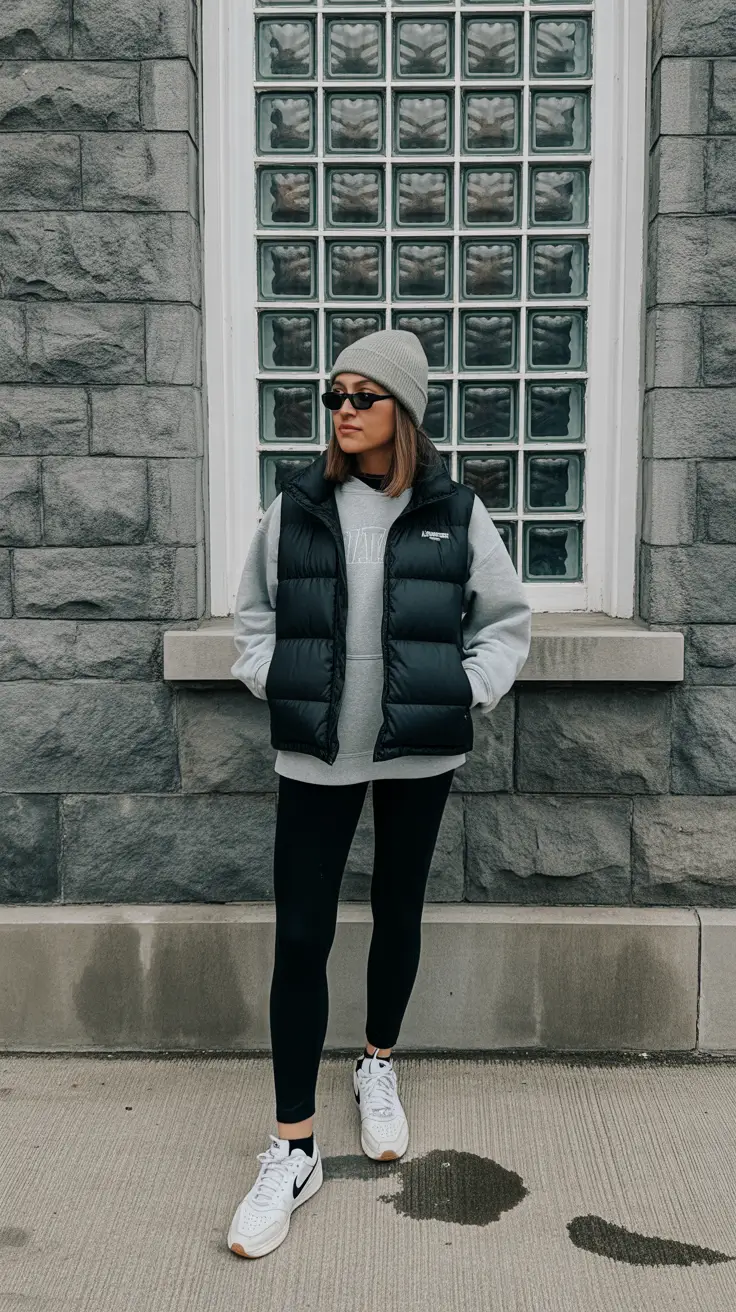 legging outfits ideas for women 2026 - Puffer Vest, Minimalist Athluxe