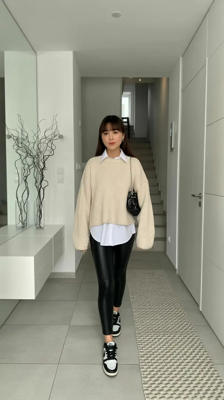 legging outfits ideas for women 2026 - Layered Knit Over Button-Down, Sporty Finish