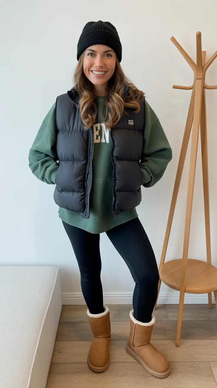 legging outfits ideas for women 2026 - Campus-Cool Sweatshirt With Puffer and Cozy Boots