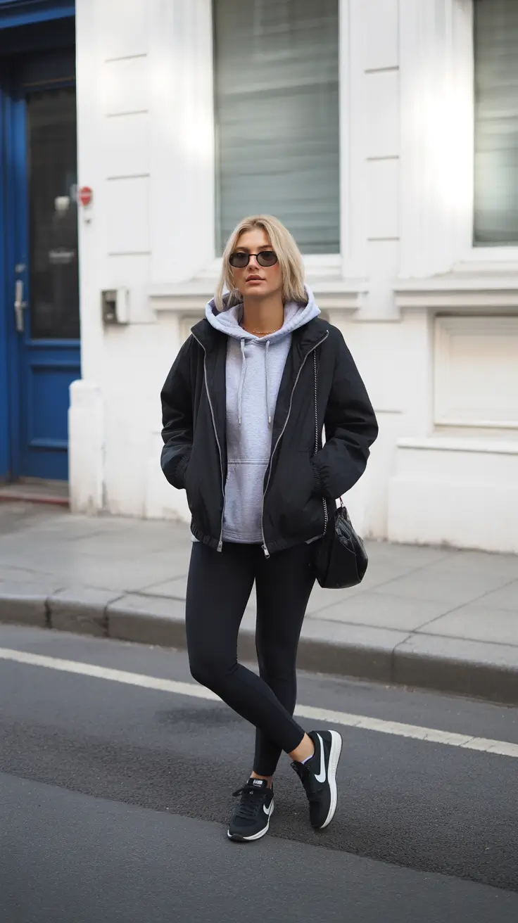 legging outfits ideas for women 2026 - Street-Athletic Hoodie and Zip Jacket