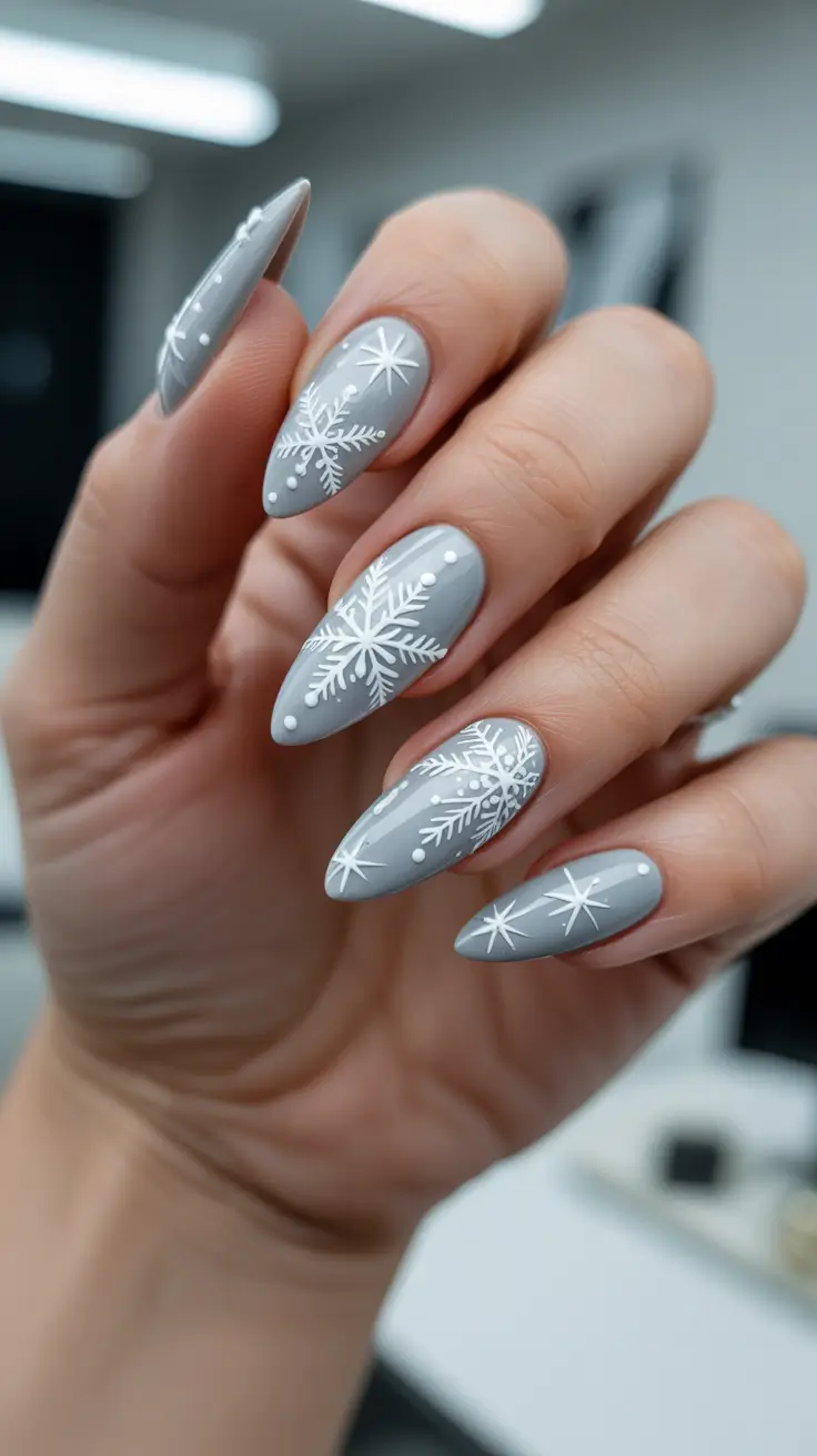 Best Neutral Nails Winter 2025-2026 - Storm-Gray Almonds With Starry Snow