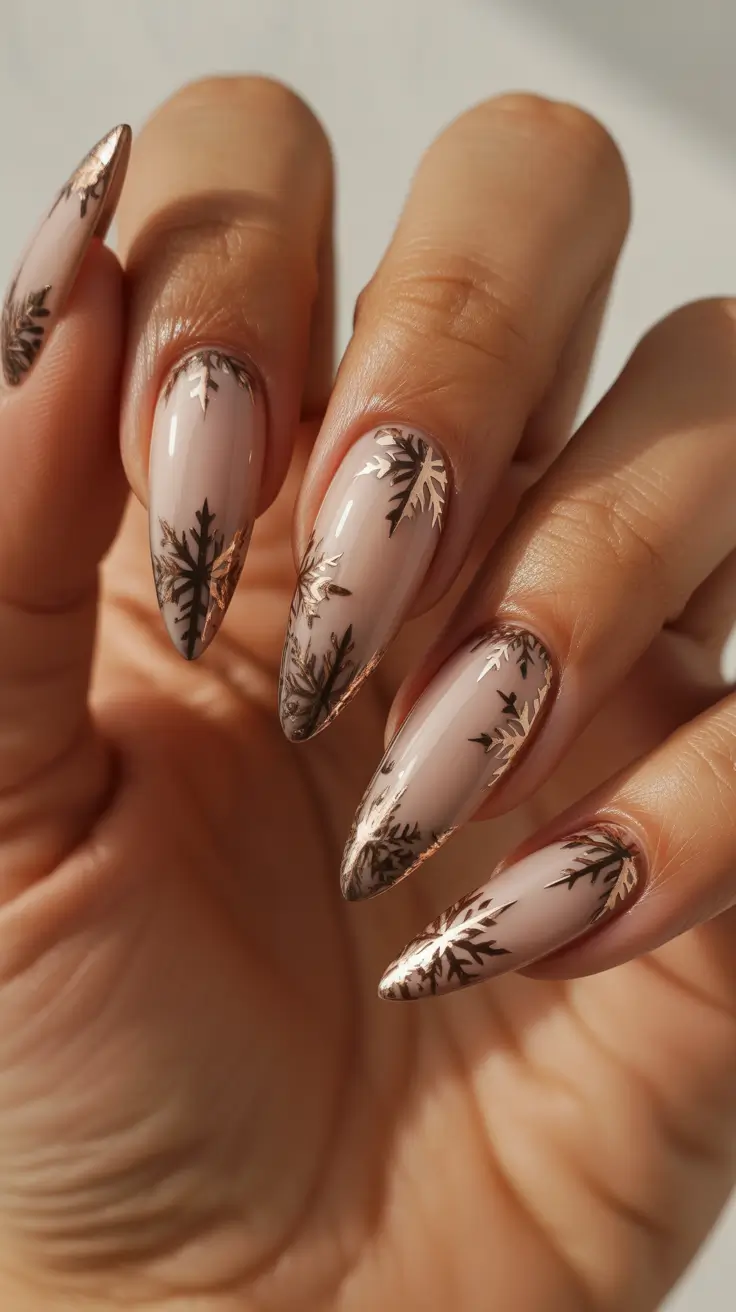 Best Neutral Nails Winter 2025-2026 - Rose-Gold Snowflake Edge on Almonds