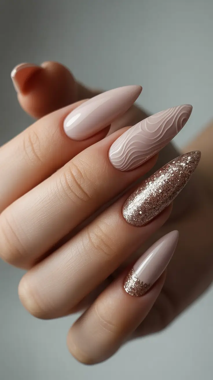 Best Neutral Nails Winter 2025-2026 - 3D Nude Swirls With Rosy Glitter Accents