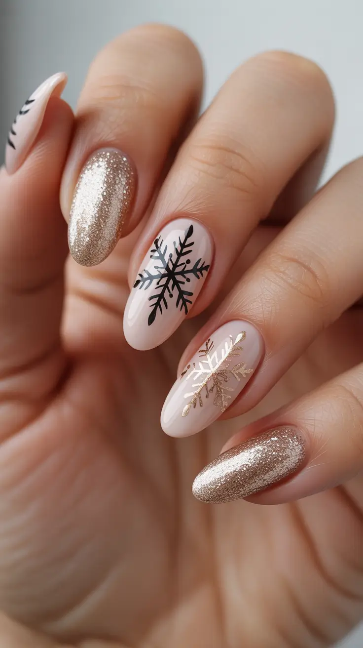 Best Neutral Nails Winter 2025-2026 - Gilded Almonds With Black-and-Gold Flurries