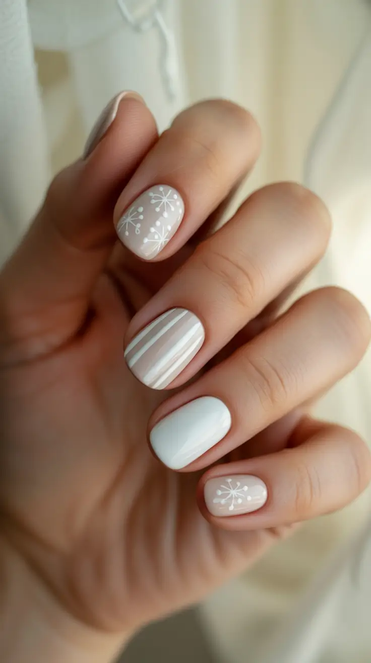 Best Neutral Nails Winter 2025-2026 - Creamy Short Mix - Stripes, Dots, and Snowbursts