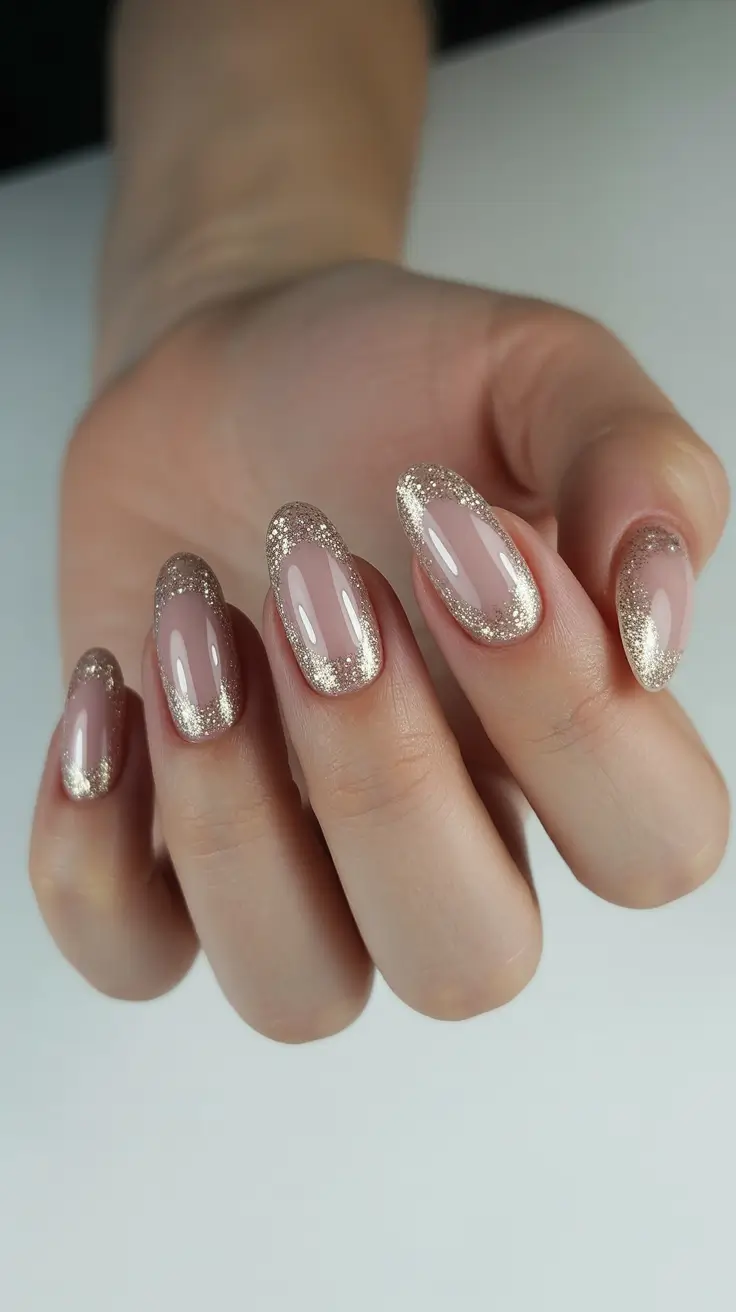 Best Neutral Nails Winter 2025-2026 - Champagne Outline - Reverse Glitter French