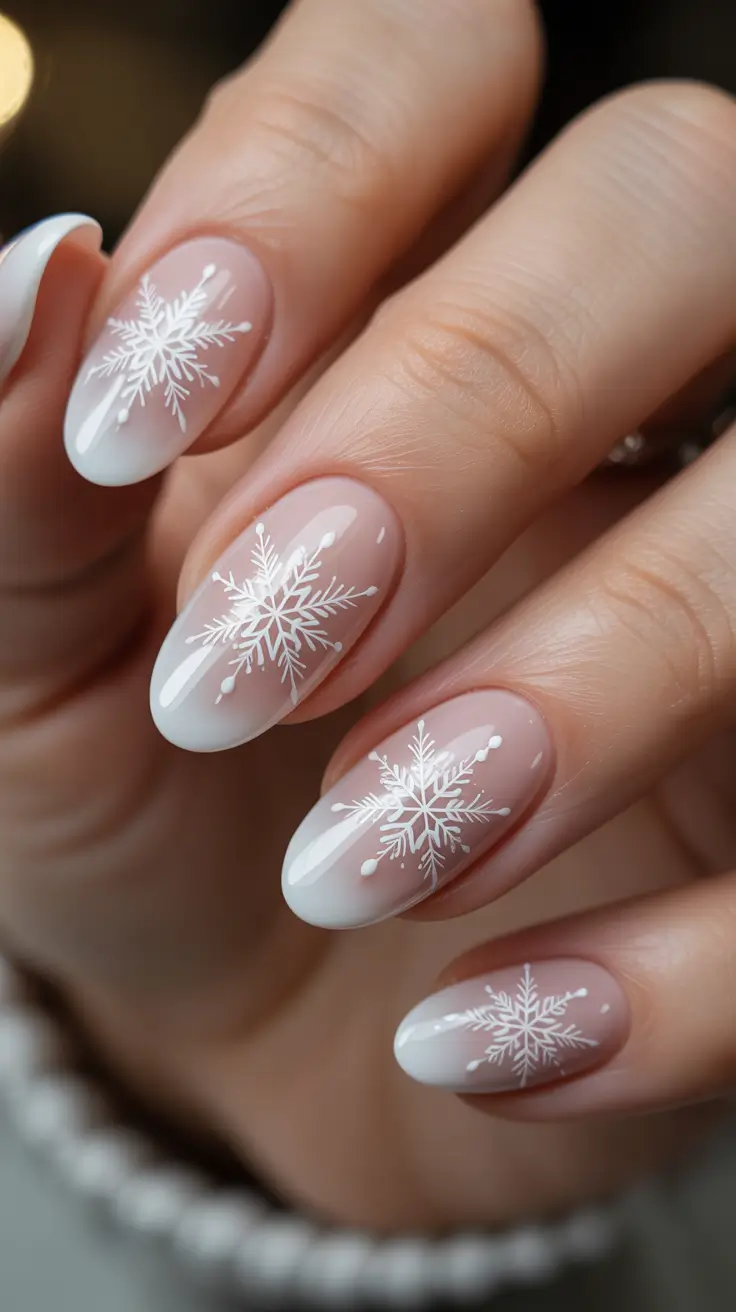 Best Neutral Nails Winter 2025-2026 - Soft French Almond With Delicate Snowflakes