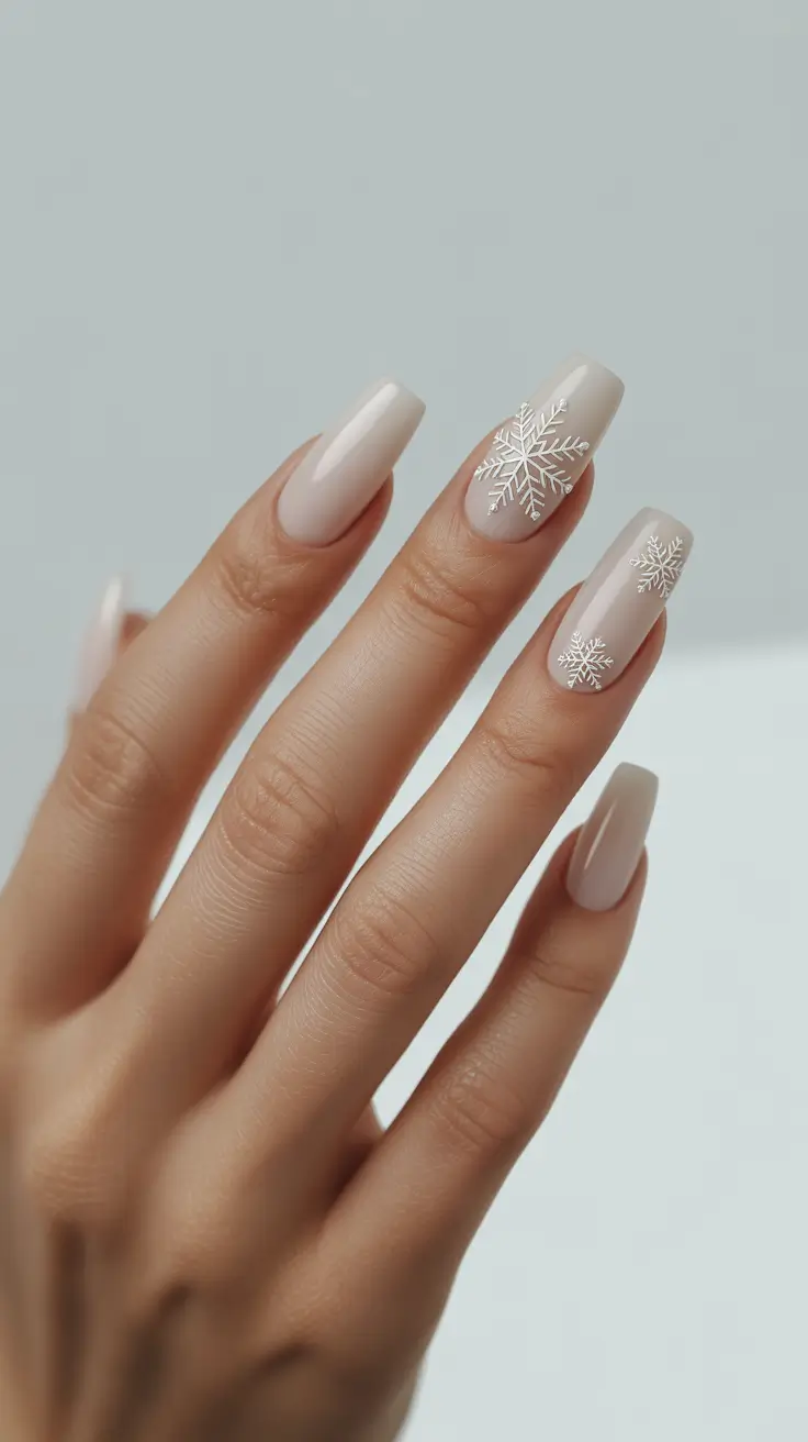 Best Neutral Nails Winter 2025-2026 - Creamy Square Tips With Minimal Snowflakes