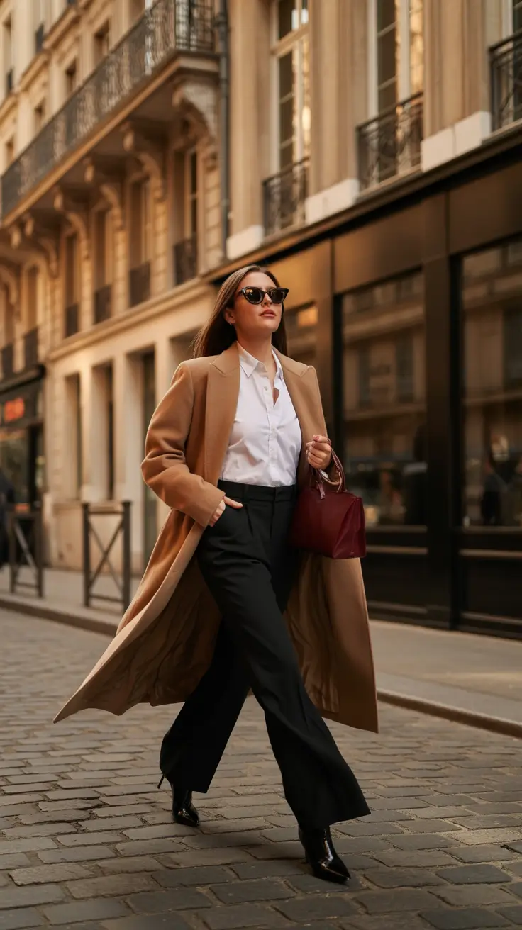 old money outfits for women 2026 - Paris Street Smart: Camel Coat, White Shirt, Black Trousers