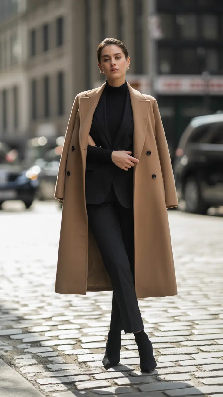 old money outfits for women 2026 - Black Suit Under Camel: Streamlined Authority