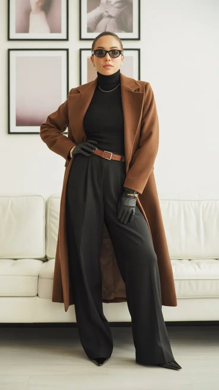old money outfits for women 2026 Walnut Coat + Black Column - The Boardroom Classic