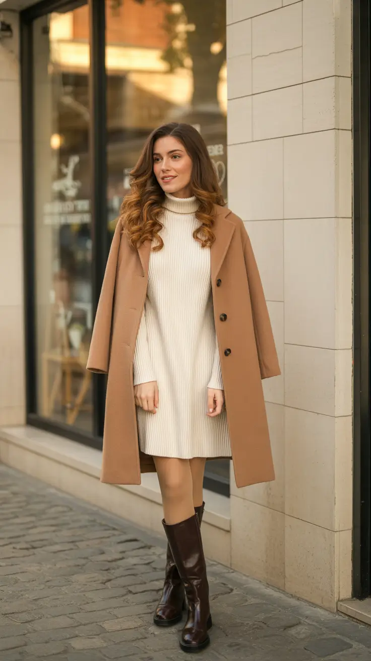 old money outfits for women 2026 Knit Mini + Chocolate Boots - Weekend Matinee Chic