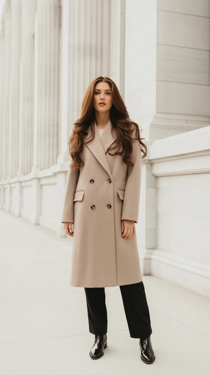 old money outfits for women 2026 Double-Breasted Taupe - Black Trousers, Museum Afternoon