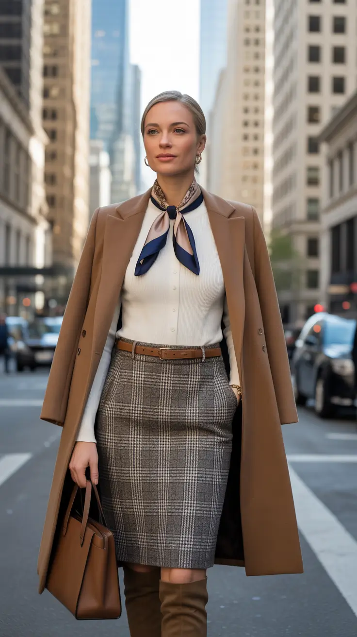 old money outfits for women 2026 - City Heritage Mix: Plaid Skirt, Ribbed Knit, Silk Scarf