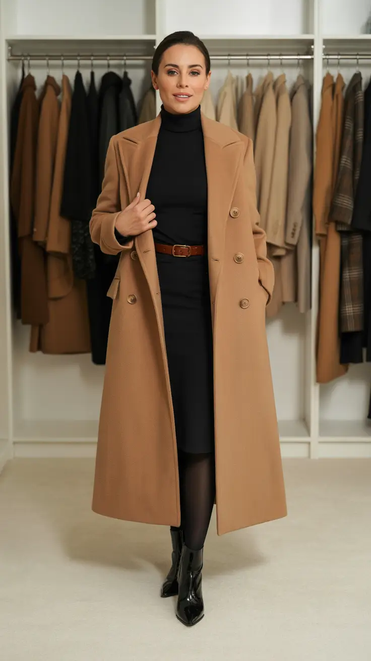 old money outfits for women 2026 - Black Column Under Camel: Minimal, Sharp, Confident